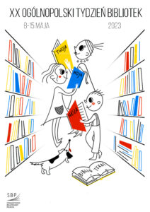 Plakat Tygodnia Biblioteka 2023 przedstawia po dwóch stronach regały z kolorowymi ksiązkami, między nimi 3 osoby, chłopiec, dziewczyna i kobieta trzymają w rękach książki, każda ma na okładce napis moja, twoja lub nasz. Na podłodze leży otwarta książka z napisem Biblioteka oraz stoi wesoły piesek, patrząc na ludzi. Rysunek jest zrobiony prostą czarną kreską i tylko niektóe lementy są wyróżonione kolorami podstawowymi: żółtym, czerwonym i niebieskim. U góry napis: 20. tydzień bibliotek 8-15 maja 2023