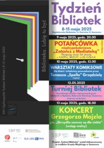 Plakat o wydarzeniach w Mediatece Zagłebiowskiej w Sosnowcu, treść dostępna w artykule na stronie.