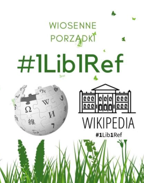 Rysunek trawy i symbolu Wikipedii. Napis: Wiosenne porządki #1Lib1Ref